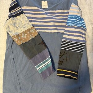 Free People Blue and Cream Long Sleeve Top